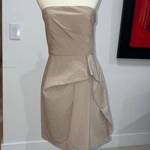 Beige tight strapless formal mini dress